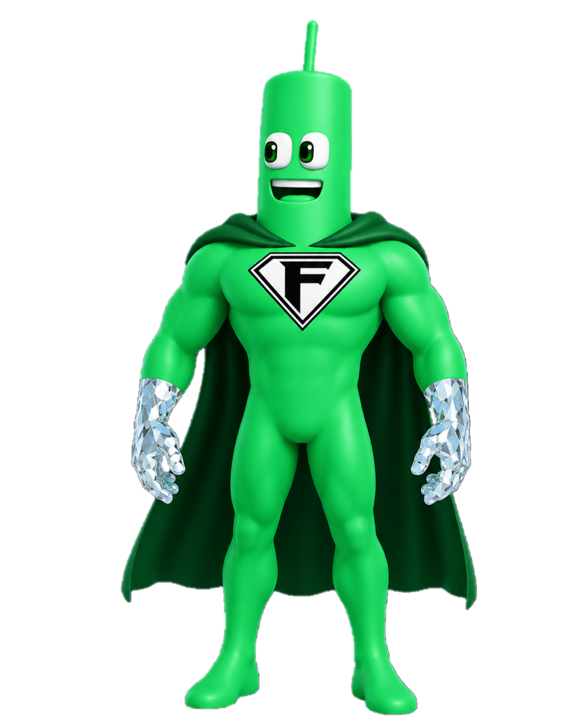 Fomo Man, a bright green superhero mascot with a silver F shield
